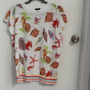 Talbots White Nautical Shells & Sea Life Print Sweater Top